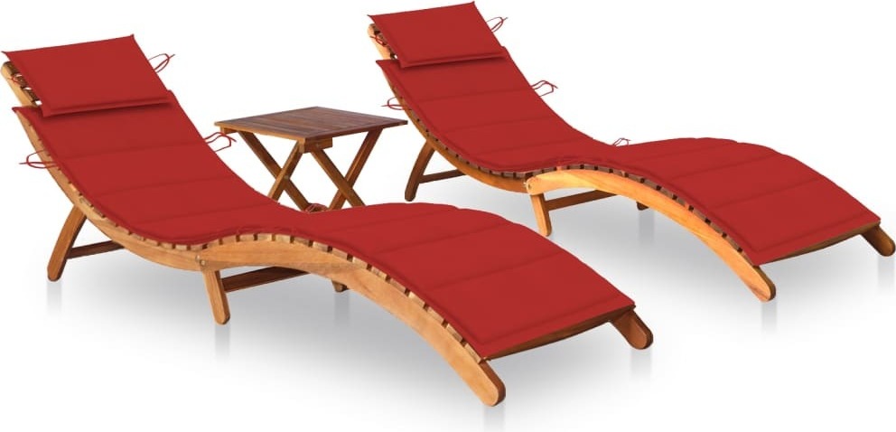Sonnenliegen Set, 2 Klappliegen mit Tisch und roten Polstern, Massivholz Akazie, witterungsbeständig, für Garten, Terrasse, Pool, 184x55x64 cm