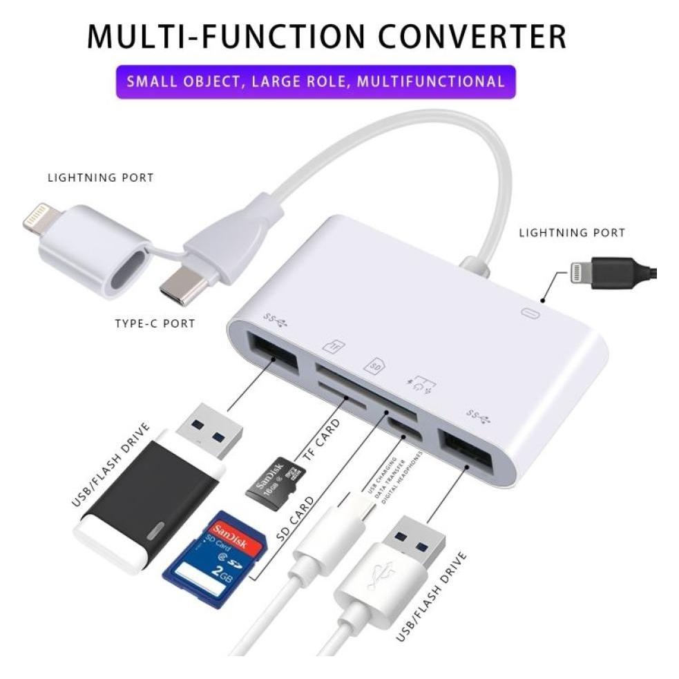 PowerGuard SixPack 6-in-1 USB-C & Lightning Photo Camera Cardreader USB 3.0 OTG Adapter (USB-C, 6 Ports) (00035028)