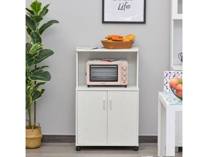 Meuble Cuisine Roulant Micro-Ondes Rangements Plateau Placard Blanc