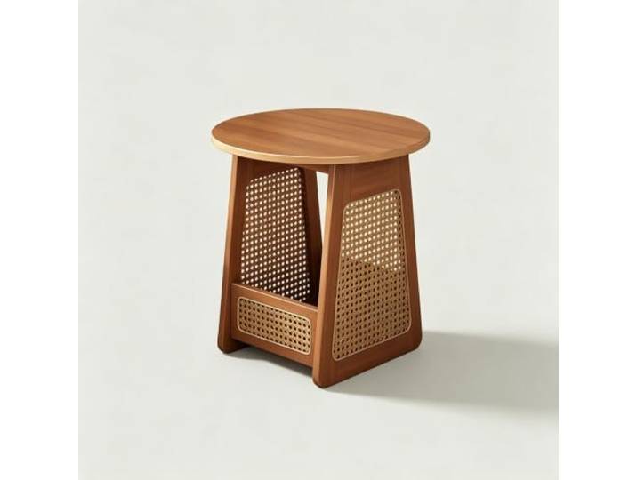 Runder Rattan Beistelltisch aus Bambus mit Schublade 50cm 2 Stile Boho Beistelltisch im Mid-Century Stil für Wohnzimmer(B)