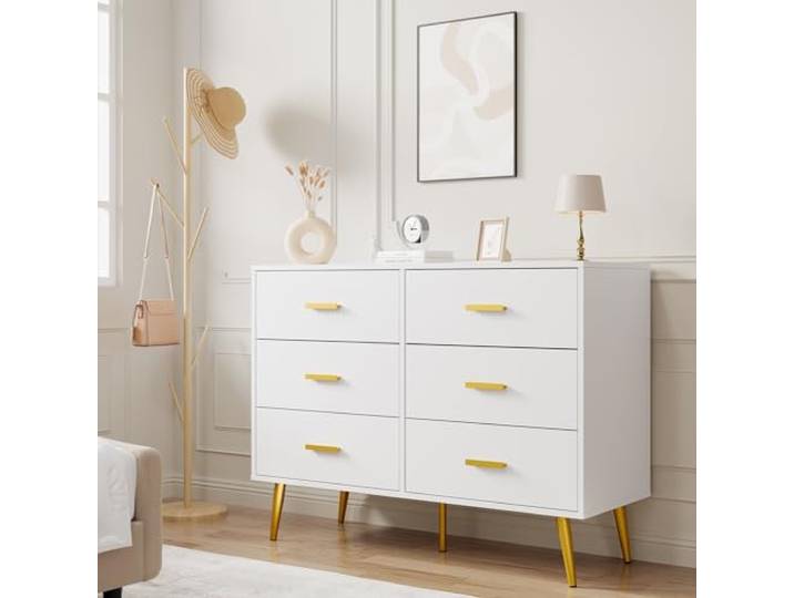 GarveeMore 6-Schubladen Kommode für Schlafzimmer, Weiß mit Goldgriffen 6 Geräumige Schubladen Goldene Metallfüße Stabile Spanplatten 106 cm Breit Wohnzimmer Und Flur