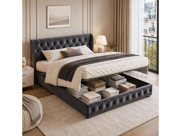 Lit coffre 140x190 cm avec sommier Lit double 140x190 rembourré avce rangement Tête de lit ornée de rivets Velours gris foncé