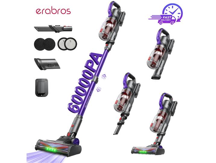 Aspirateur sans fil Erabros EV3 500W, puissance d'aspiration 60Kpa, autonomie 60 min, aspirateur à main intelligent pour la maison, 3 modes d'aspiration