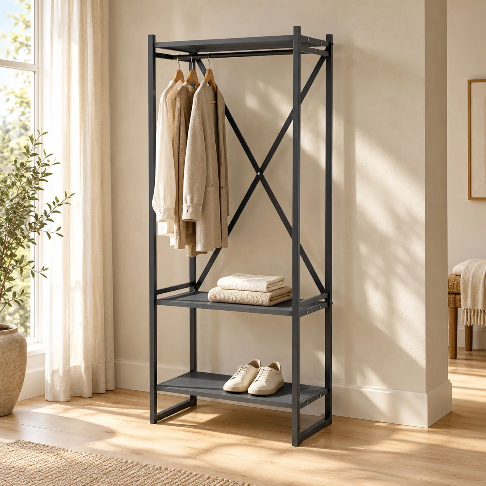 garneroarredamenti Mobile ingresso appendiabiti 66x160h cm industrial con scarpiera metallo antracite Loft