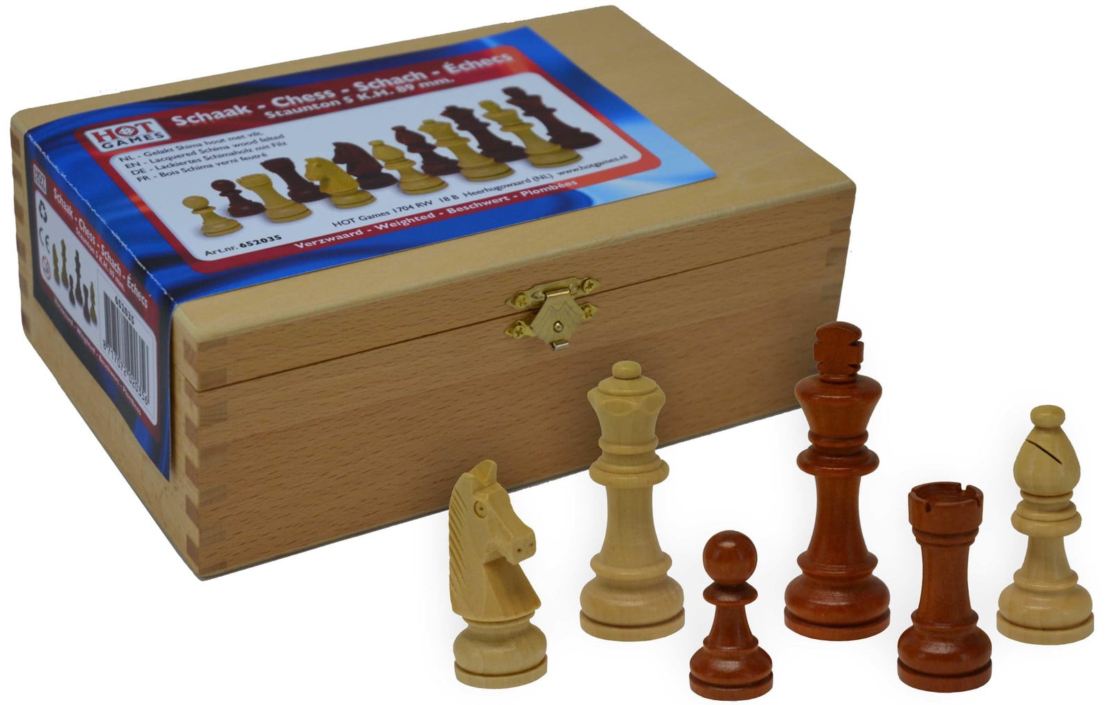 Hot Games Schaken in onbehandeld bruin hout met kist