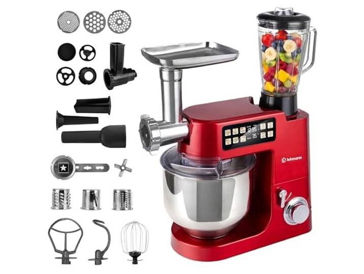 LEHMANN Teyles Multifunktions-Küchenmaschine 8L 2100W mit Waage & Heizschüssel, Planetarische Knetmaschine für Brot- & Pizzateig, 1,5-Liter-Mixer, Fleischwolf, Touchdisplay, Rot