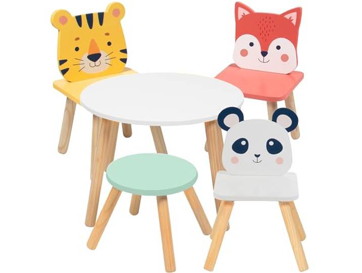 Kinder-Tisch- und Stuhl-Set mit Tiermotiv: Kleinkind-Tisch mit 3 Kleinkindersitzen und Hocker für Erwachsene, für Kunst, Aktivitäten, bezaubernde Spielzimmermöbel, Esstisch oder Aktivitätszentrum für