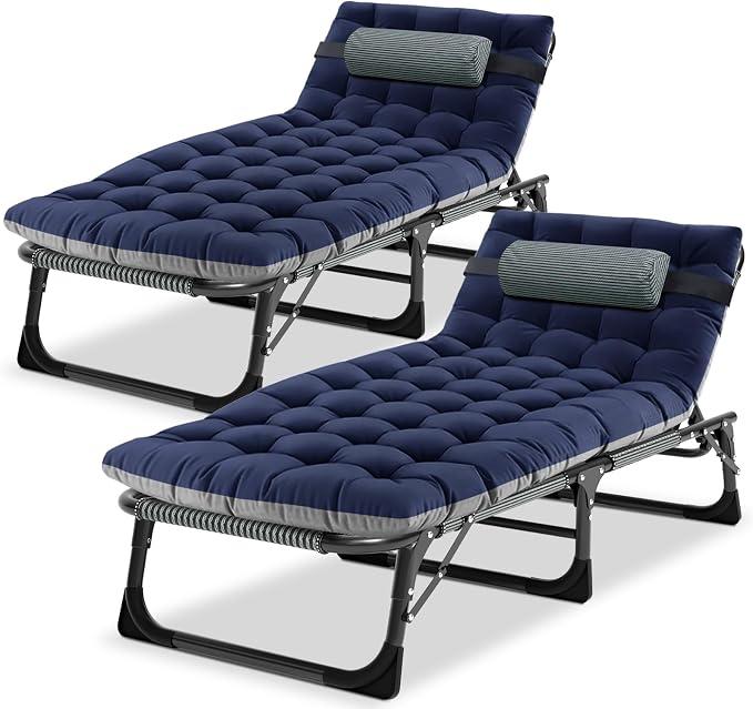 Klappbare Sonnenliege für den Garten, 2er-Set, strapazierfähiges, verstellbares Campingbett mit Kissen und Kopfstütze, übergroßes tragbares Outdoor-Gartenbett für Zuhause, Büro, Nickerchen