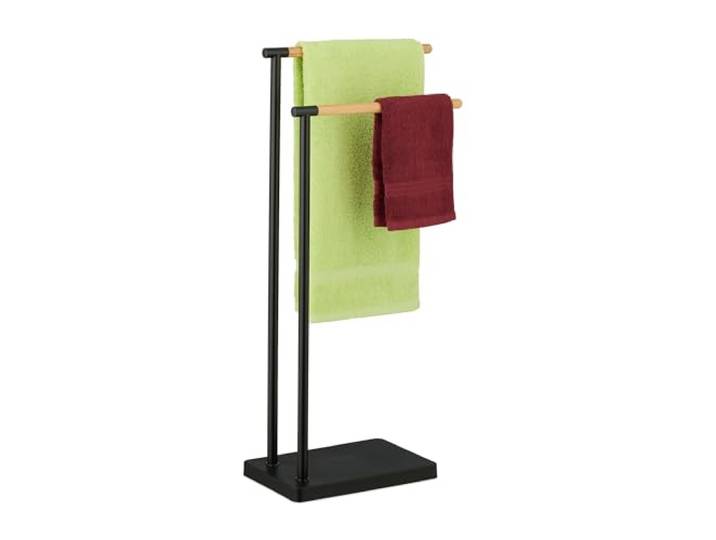 Relaxdays handdoekrek, staand, handdoekrek met 2 stangen, voor handdoeken & badhanddoeken, roestvrij staal, bamboe, zwart