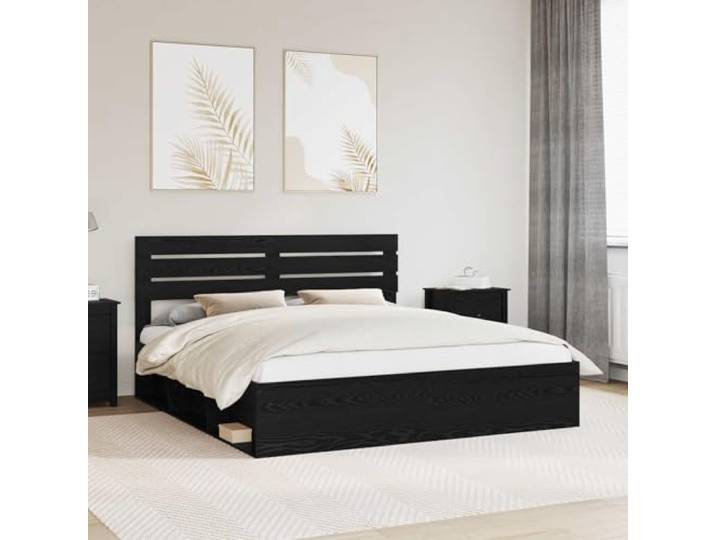 RJPLMFV Bettgestell mit Kopfteil, Schwarz, 200 x 200 cm, massives Kiefernholz