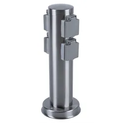 Außen Steckdosensäule 4x Steckdosen mit Klappdeckel Edelstahl 4-fach Verteilersteckdose, IP44 Schutzklasse 1, Durchmesser x Höhe 7,5 x 35 cm, Garten Außenbereich