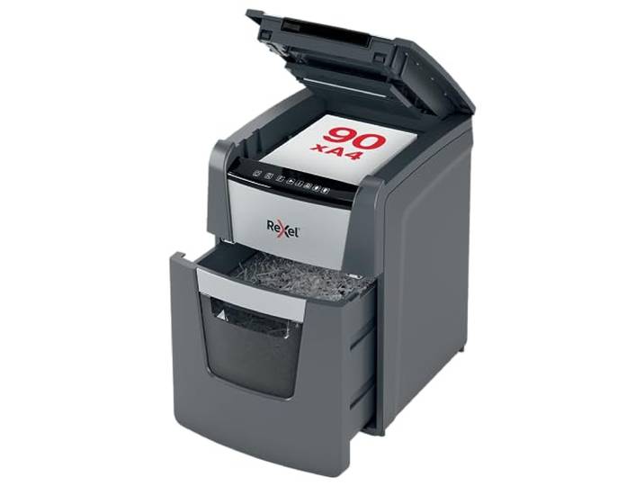 Rexel Optimum AutoFeed+ 90X Automatischer Aktenvernichter, 90 Blatt automatisch, Sicherheitsstufe P4, Partikelschnitt, für Zuhause / Home Office, 34 Liter Abfallbehälter, 2020090XEU