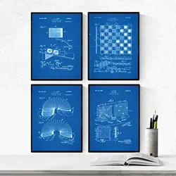 POSTER Set mit 4 Blau Patenten SPIELPLATZ A4 Schwarzer Rahmen
