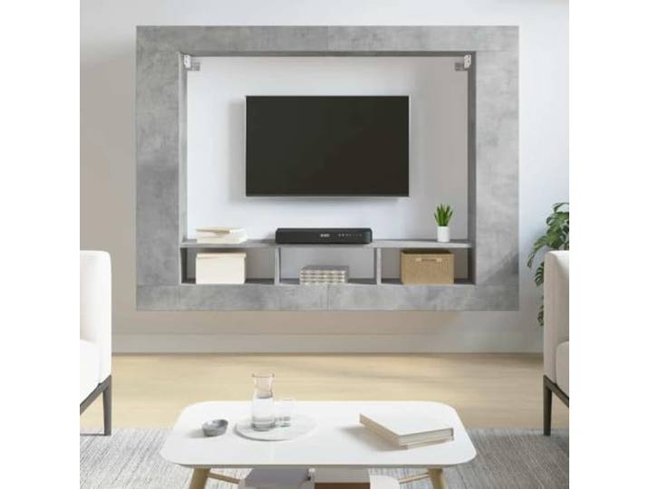 HEFZGDB TV-Schrank Betongrau 152x22x113 cm aus Holzwerkstoff mit Wandmontage und Stauraum Dieser robuste TV-Ständer aus langlebigem Holzwerkstoff bietet reichlich Stauraum