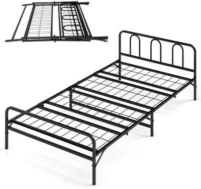 Costway Heavy Duty Metal Twin Foldable Bed Frame with Headboard & Footboard-Black