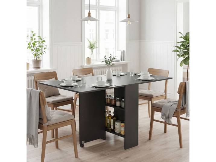 HOMCOM Table Pliante Noire Cuisine Roulettes 140cm