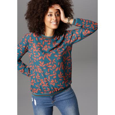 Shirtbluse ANISTON SELECTED, Damen, Gr. 42, grün (petrol, cognac, bedruckt), Web, Obermaterial: 100% Polyester, bedruckt, figurumspielend hüftbedeckend, Rundhals, Bündchen, Blusen, mit sportiven Bündchen