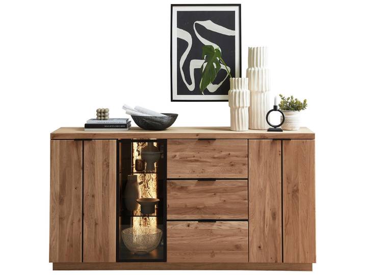 Livetastic Sideboard, Schwarz, Wildeiche, Holz, Glas, Metall, Wildeiche, Kork, furniert, massiv, 2 Glasböden 4 Holzböden Fächer, 3 Schublade(n) Schubladen, 180x93x48 cm, Beimöbel erhältlich, Holzmöbel, Kleinmöbel Holz, Holzkommoden, Sideboards Holz