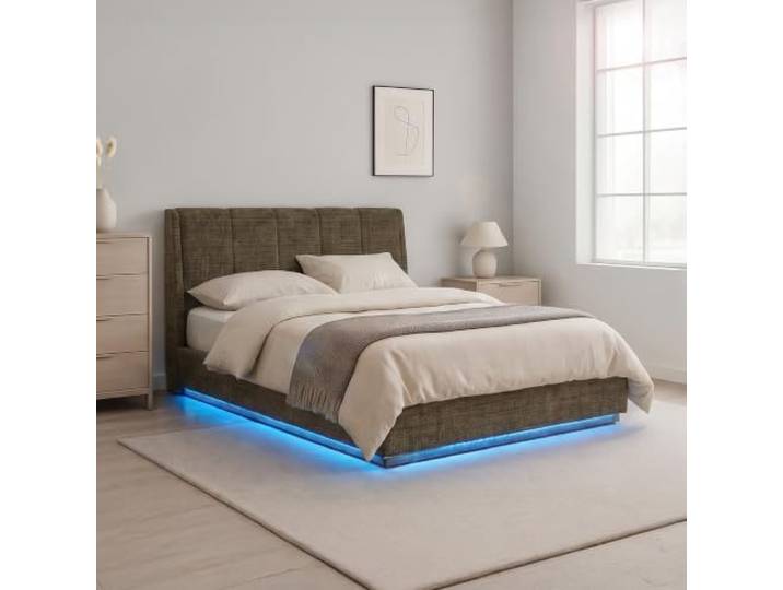 [en.casa] Polsterbett 140x200 cm Tröstiar Leinen Grün Doppelbett mit LED-Beleuchtung, Bettgestell 140x200, Stauraum, Gepolstertes Kopfteil, Bettkasten, aufklappbarer Lattenrost