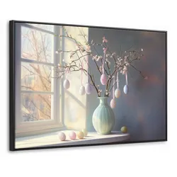LEINWAND Bilder mit Rahmen - Stillleben - Vase - Osterzweig - 120x80