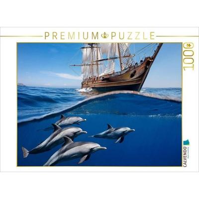 CALVENDO Puzzle Delfine begleiten ein historisches Schiff | 1000 Teile Lege-Größe 64x48cm Foto-Puzzle für glückliche Stunden