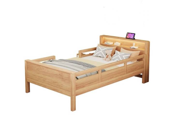 Lit 90 x 200 cm Tête de lit avec fonction de rangement Lit enfant Lit simple Petite lumière LED Prise USB et Tape C