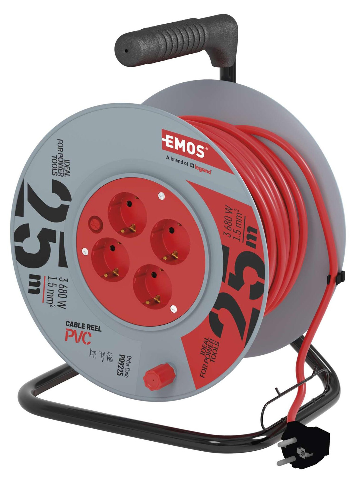 Emos kabelhaspel met 4 Schuko-stopcontacten, 25 meter, 1,5 mm², voor binnenshuis