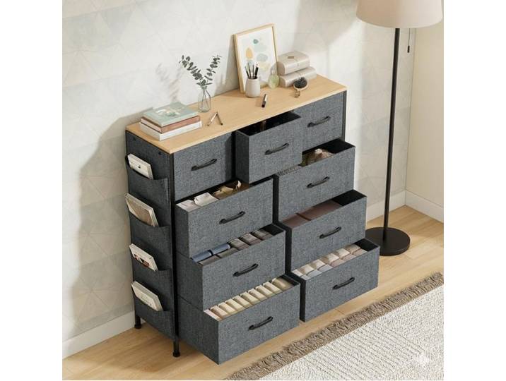Commode - DREAMMESPACE - 9 Tiroirs - Tissu Non-Tissé - Métal - Gris - 98.8x30x100cm