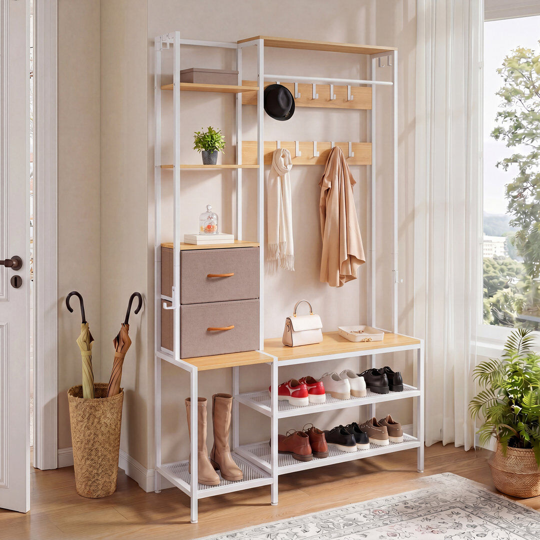 Rio 120 cm W Hall Tree with Storage Bench and Shoe Storage Beige 180cm H X 120cm W X 40cm D