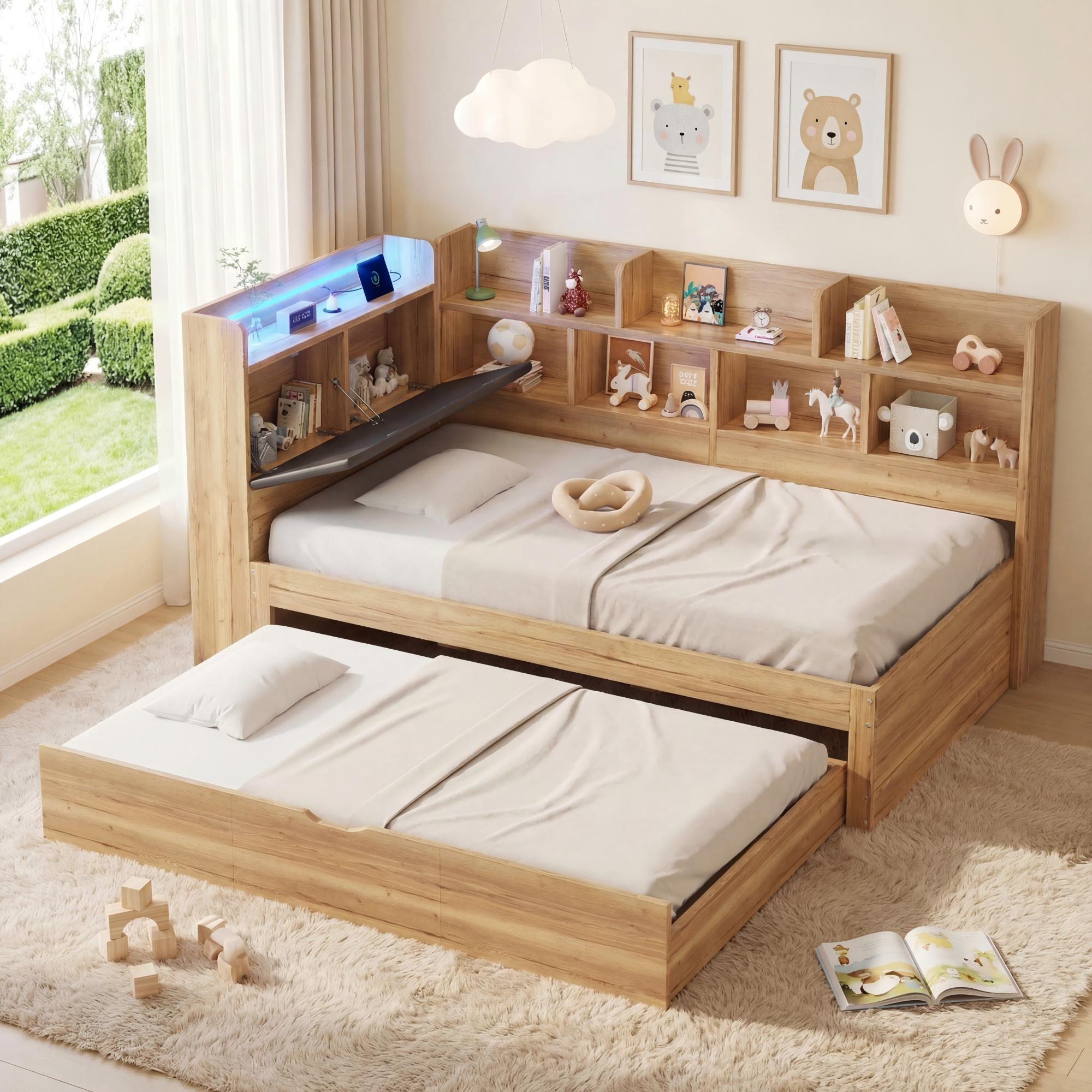 MODFU Schlafsofa Funktionsbett 90x200 mit USB Ladeanschlüsse Kinderbett Einzelbett mit Ausziehbett Holzbett mit LED-Beleuchtung und offenen Fächern ohne Matratze Natur