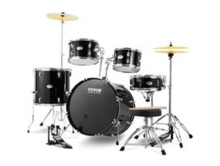 VEVOR Schlagzeug, 5-teilig, Drum in voller Größe mit Bass-Toms, Snare, Standtrommel, verstellbaren Thronständern, Becken, Hi-Hat-Pedal und Drumsticks, Anfänger-Schlagzeug für Erwachsene, schwarz