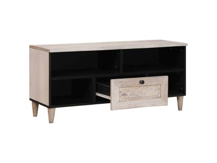 TV-Schrank Bleached White 100 x 33 x 46 cm Massivholz Mango Massivholz Mango, Holzwerkstoff, verzierter Rahmen, Schubladen, offene Regalfächer, Knöpfe, einfache Montage, 2 Personen