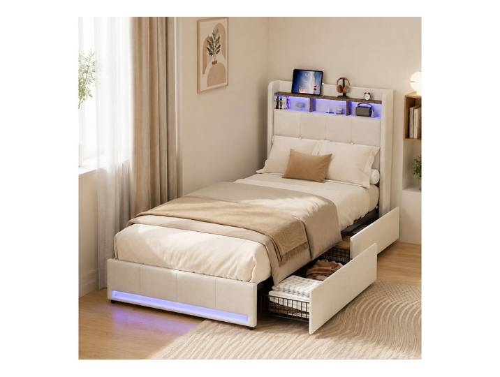 Simurq Stauraumbett Einzelbett 90x200, Stauraumbett, Jugendbett, Multimedia Bett (LED-Lichtband, USB & Type-C Anschluss), Polsterbett 90x200 mit Schubladen