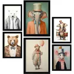 POSTER Set Mit 6 Zirkustiere A3 & A4 Schwarzer Rahmen