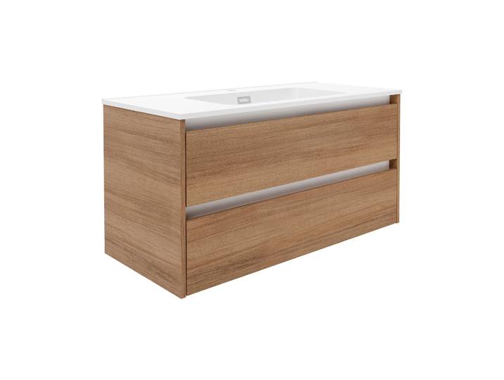FACKELMANN VITA Waschbecken mit Unterschrank 101 cm breit, Braun hell, Waschbecken Gussmarmor Weiß matt