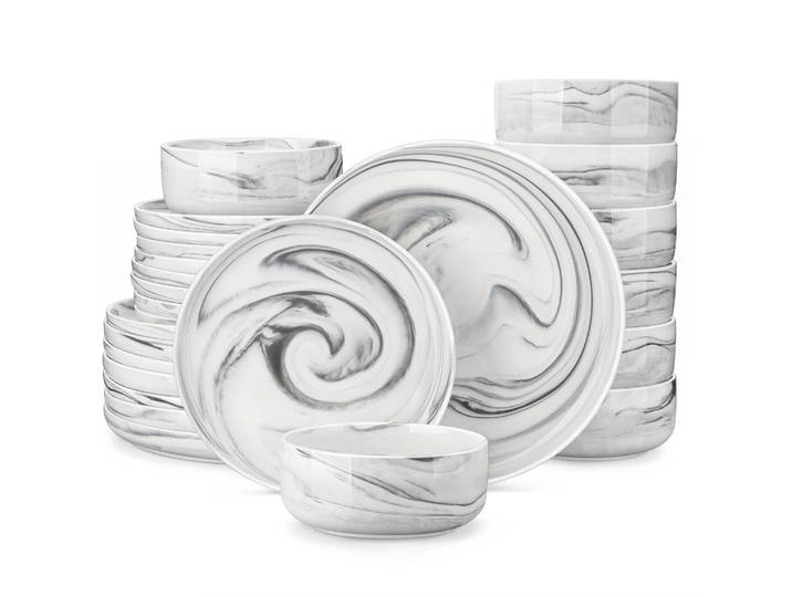 Service de table en porcelaine marbrée MALACASA Luna Series, 24 pièces, comprenant 8 assiettes à dîner/dessert, un bol, pour 4 personnes
