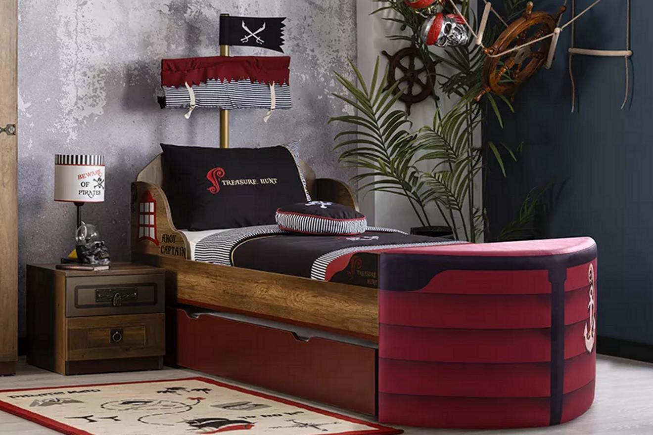 Rotes Kinderbett im Schiffsdesign 90x200 cm mit Ausziehbett 90x190 cm und Bug-Sitzhocker