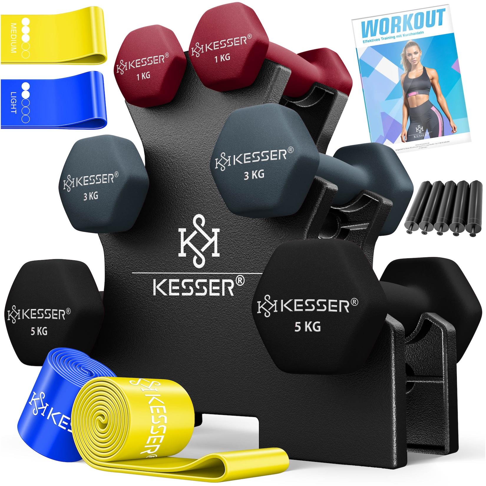 KESSER® Hantel-Set, 3 Paar, 1kg - 5kg, 12kg oder 18kg kurzhanteln mit Ständer Aufbewahrung, Fitnessstudio, Krafttraining, Hantelset rutschfeste Neopren, Mit Übungsheft, 2x Fitnessbänder