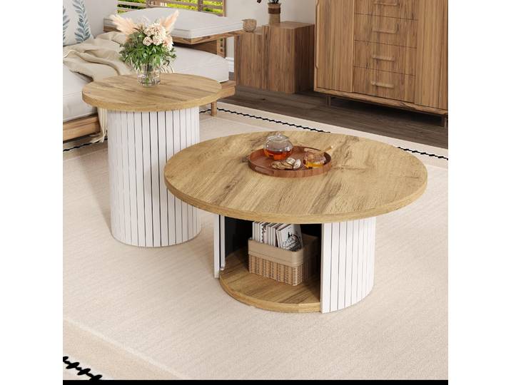 STILVORA Couchtisch Set aus einem Haupt- und einem Beistelltisch, Kombination aus Holztönen und vertikalen Streifen, Durchdachte Details