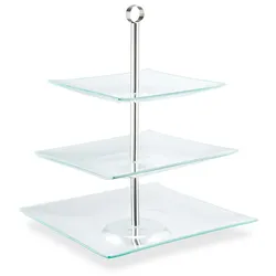 Relaxdays Etagere, 3-stöckig, eckig, Cupcakes, Kekse, Snacks, Obst, Glas, Edelstahl, Servierständer, transparent/silber