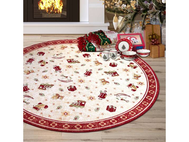 Teppich VILLEROY & BOCH Nostalgic Shine Toy's Delight, eckig, rund und Läufer , rot (rot,multifarben), B:160cm H:6mm L:160cm, Baumwolle, Viskose, Teppiche, Teppich, Weihnachten, Wohnzimmer, Flur, Geschenk, Toys Delight, Dekoration