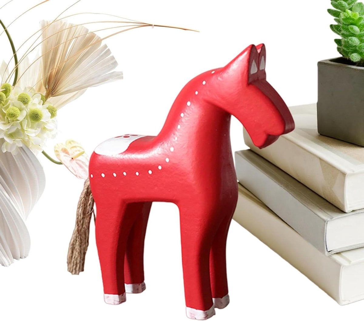 Handgepolijst houten paardenbeeldje voor decoratie in de woonkamer, Rood, Lengte: 23,6 cm