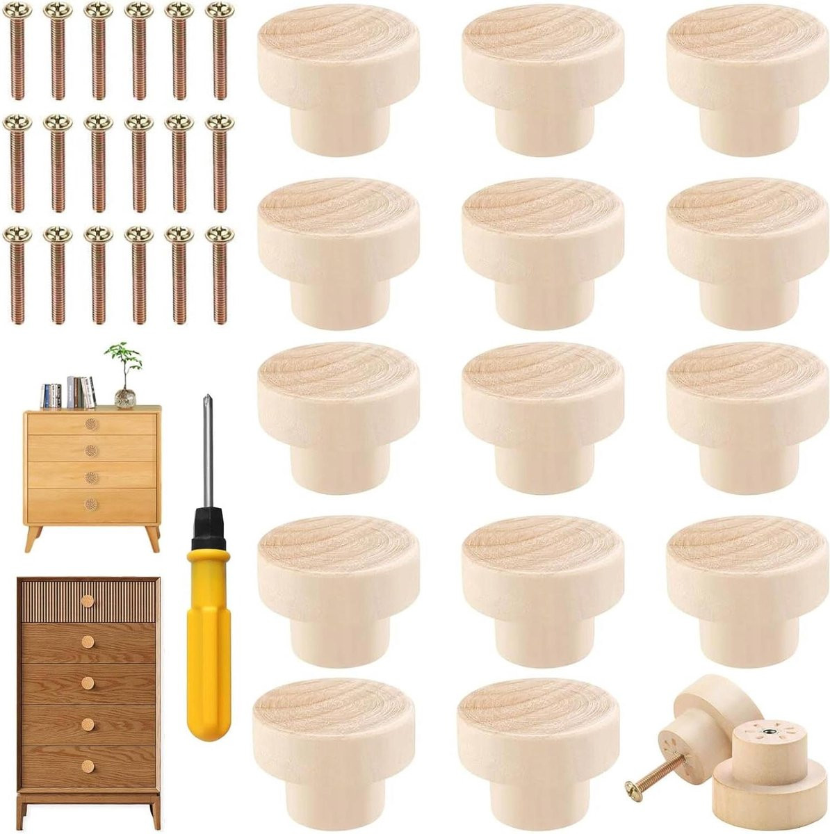 Set van 18 houten rotan meubelknoppen voor een natuurlijke boho stijl