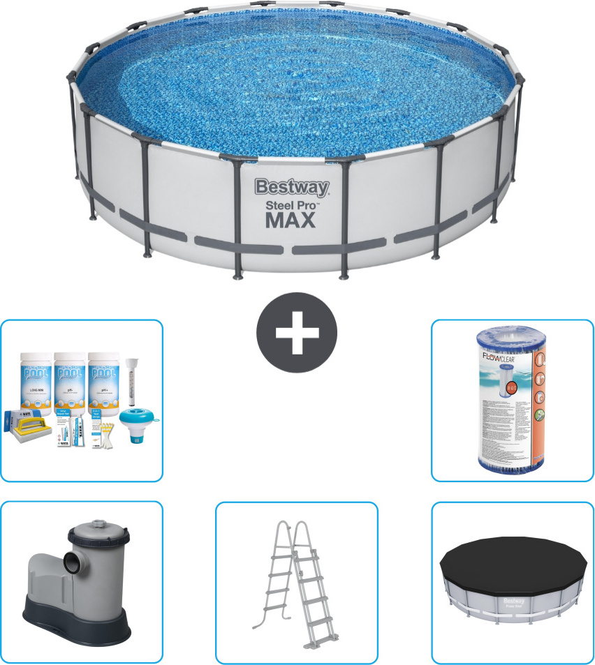 Bestway Round Steel Pro MAX Schwimmbad - 488 x 122 cm - Grau - inklusive Pumpe - Leiter - Abdeckung Wartungspaket - Filter