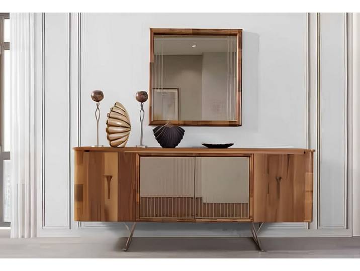 JVmoebel Sideboard Braunes Holzsideboard mit Spiegel und Edelstahlfüßen, Made in Europa