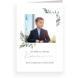Einladungskarte Kommunion: Greenery Fenster mit Fotos in Weiß