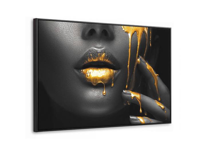 LEINWAND Bilder mit Rahmen - Frau - Schwarz - Gold - Gesicht - Lippen - 150x100