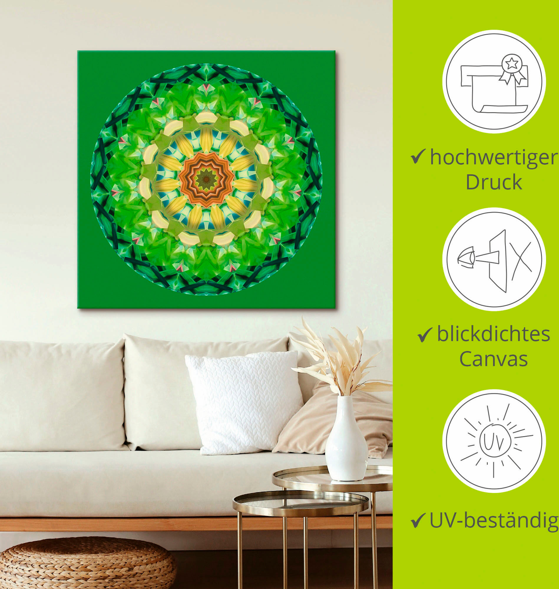 Leinwandbild ARTLAND "Mandala II", grün (farbe bild(er): grün), B:40cm H:40cm, Bilder, Leinwandbild, auf Holzrahmen gespannt farbe bild(er): grün B/H/T: 40cm x 40cm, Leinwandbild Muster quadratisch, 1 Stk.