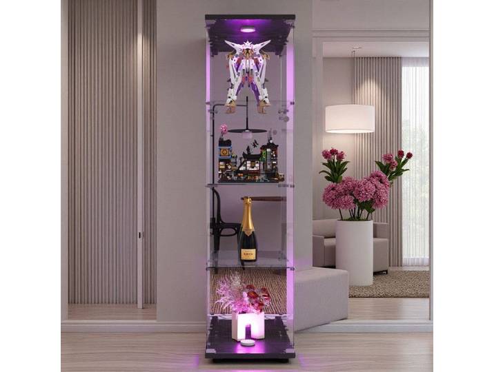Vitrine Lumineuse LED - Verre Transparent Miroir - 4 Étagères - Cadre Noir - Sécurisée