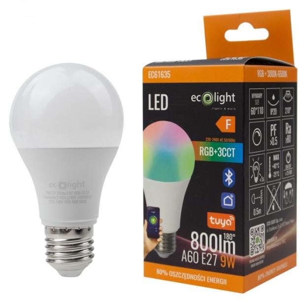 Eco Light Slimme LED-lamp A60, 9W, RGB+CCT, Tuya Smart, Bluetooth, E27